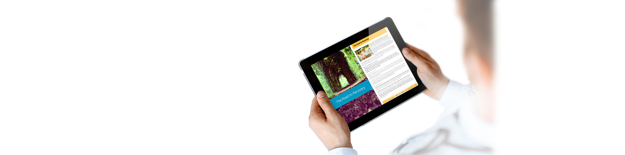 Doctor holding tablet with mesothelioma guide on the screen.