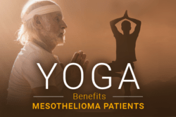 Older man doing a yoga pose. Another person in the background doing a yoga pose. Image reads: Yoga Benefits Mesothelioma Patients.