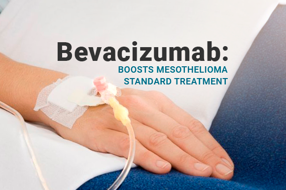 Hand with IV, title: Bevacizumab Boosts Mesothelioma Standard Treatment